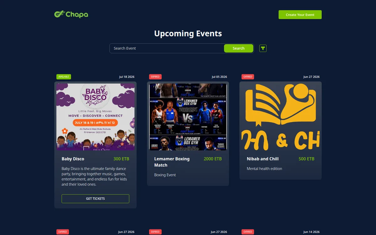 chapa.events — upcoming events and ticketing
